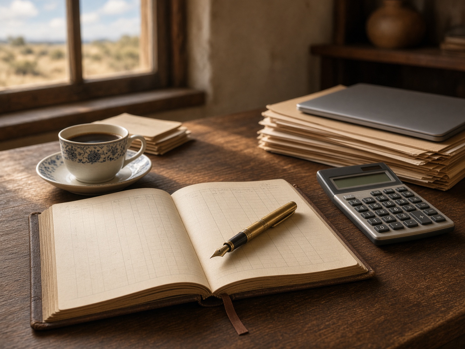 Ledger and fountain pen on a wooden desk